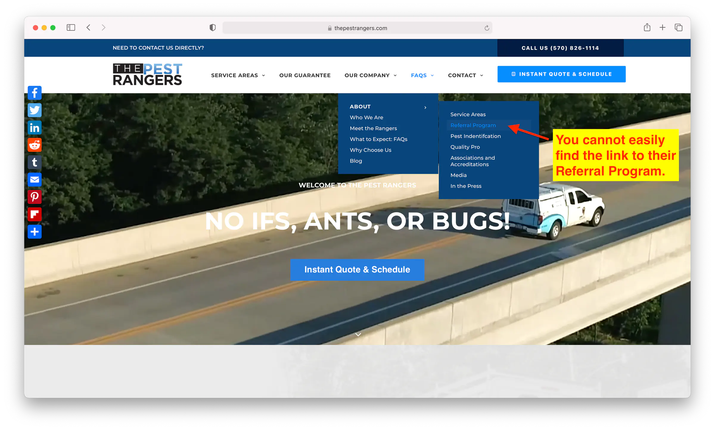 The link to the Pest Rangers&rsquo; Referral Program is not easy to find.