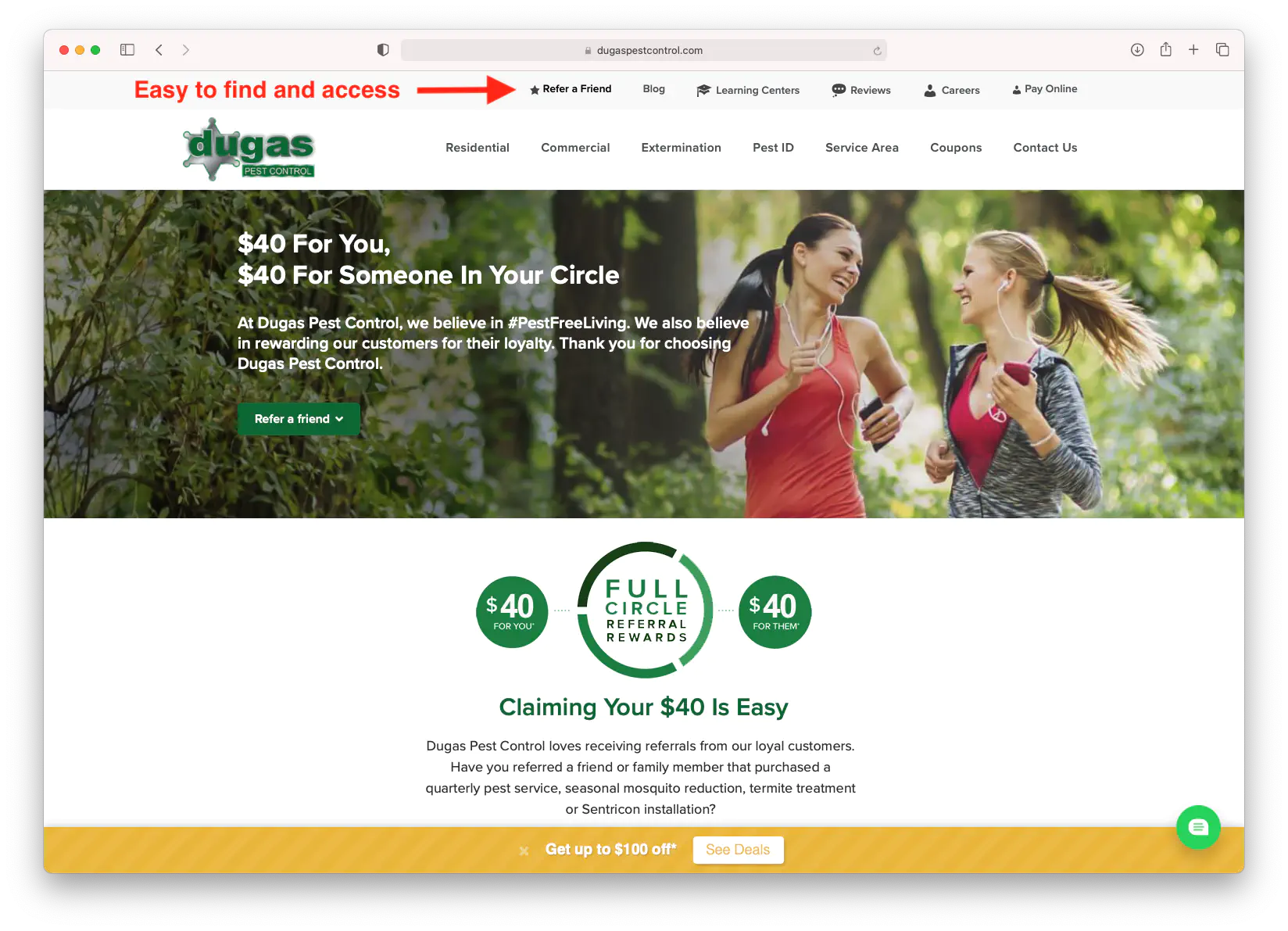 Dugas Pest Control has placed the link to their Refer a Friend program in a great location on their website.