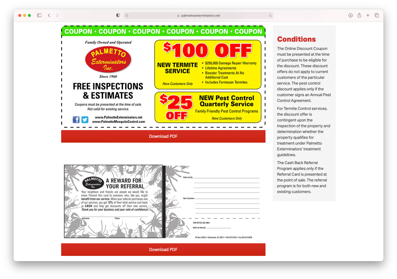 Referral Reward Card Example for Pest Control Company: Palmetto Exterminators