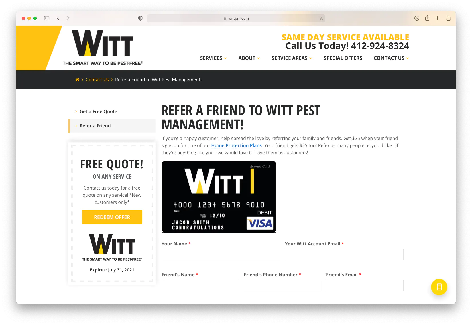 Refer A Friend page for Witt Pest Management